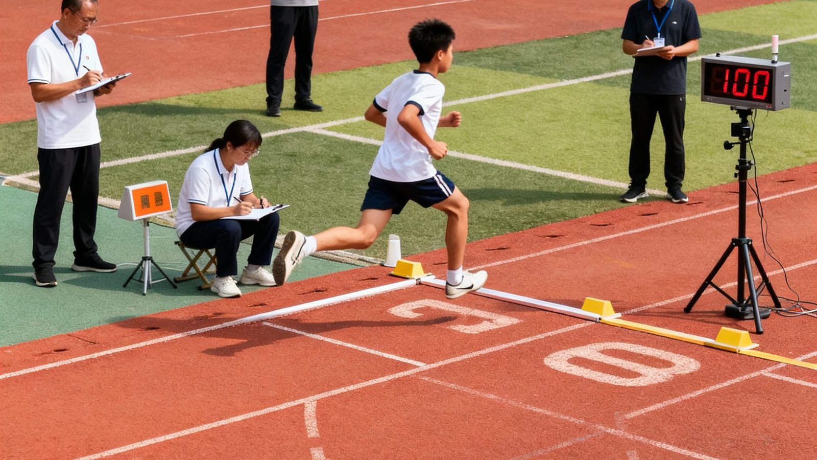 威廉体育模拟考场中，一名男生正在标准跑道上进行1000米跑计时测试，跑道旁设有电子计时器和终点摄像设备，三位教练分别在不同位置记录分段成绩，背景是模拟真实中考体育考场的布置。